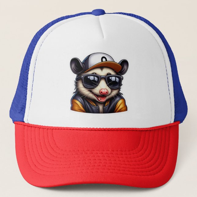OPOSSUM IN VARSITY JACKET  TRUCKER HAT (Front)