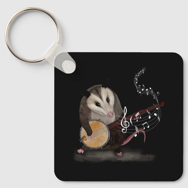 Opossum Playing Banjo Guitar Possum Live Weird Tra Key Ring (Front)