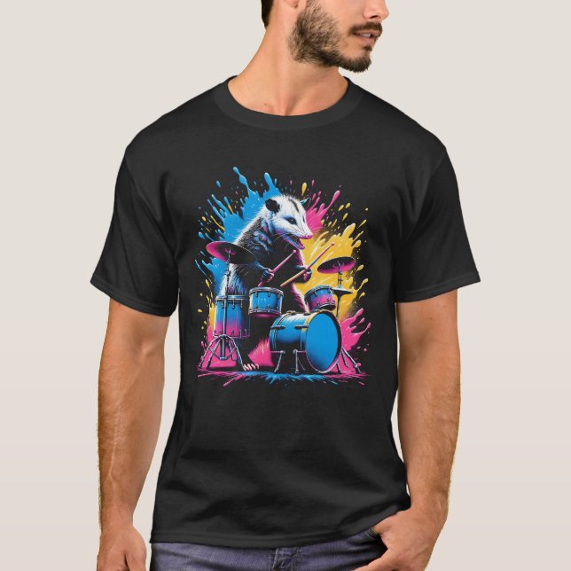 Opossum Playing Drums Drumming Drummer Monster T-Shirt (Front)