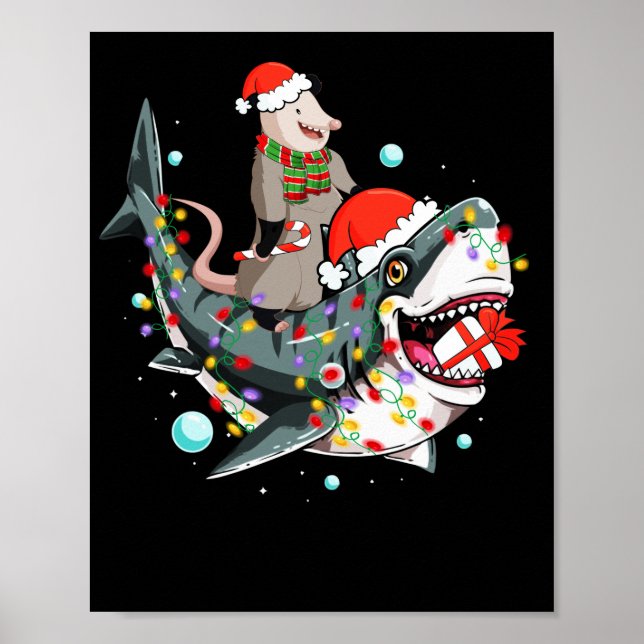 Opossum Riding Shark Santa Hat Christmas Poster (Front)