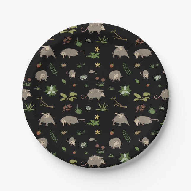 Opossums in a Berry Field in Black Paper Plate (Front)