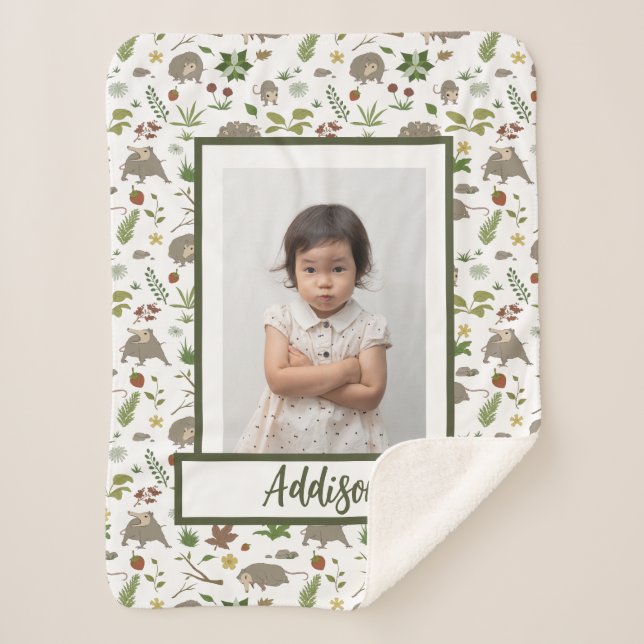 Opossums in a Berry Field in White Photo & Name Sherpa Blanket (Front)