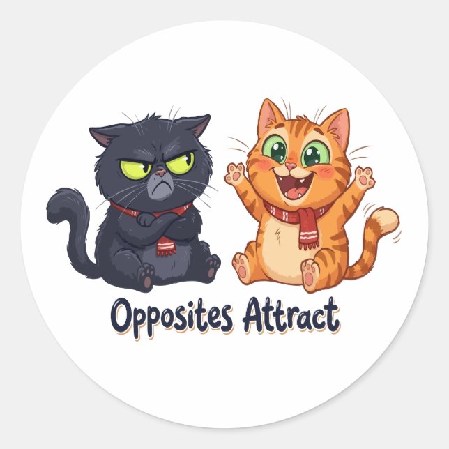 Opposites Attract Cute Cats Design Classic Round Sticker (Front)