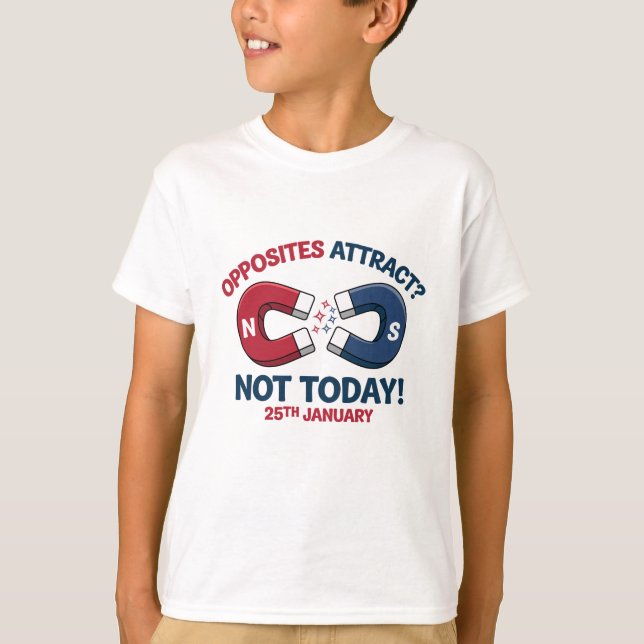 "Opposites Attract? Not Today!" Fun Magnet Cartoon T-Shirt (Front)