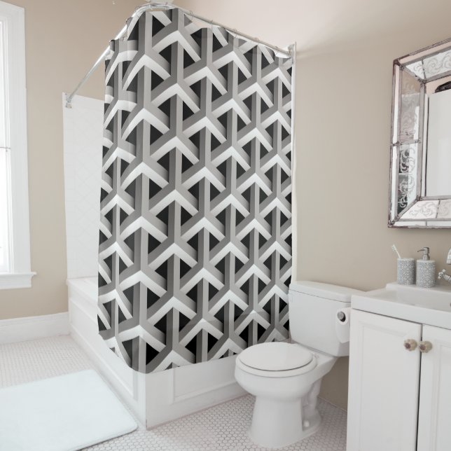 optical illusion chic black grey geometric pattern shower curtain (In Situ)