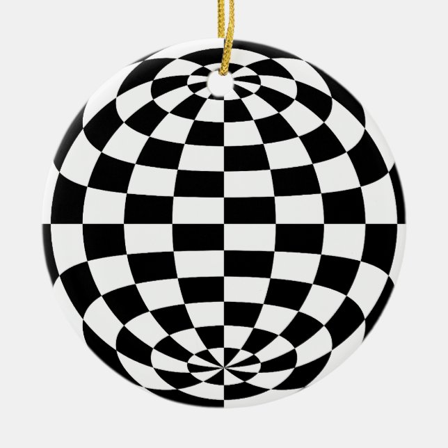 Optical Illusion Round checkers Black White Ceramic Tree Decoration (Front)