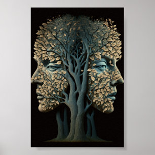 Optical Illusion Tree Faces With Leaves Blowing Poster