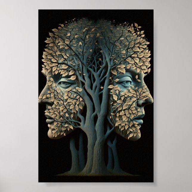 Optical Illusion Tree Faces With Leaves Blowing Poster (Front)