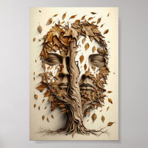 Optical Illusion Tree Faces With Leaves Blowing Poster