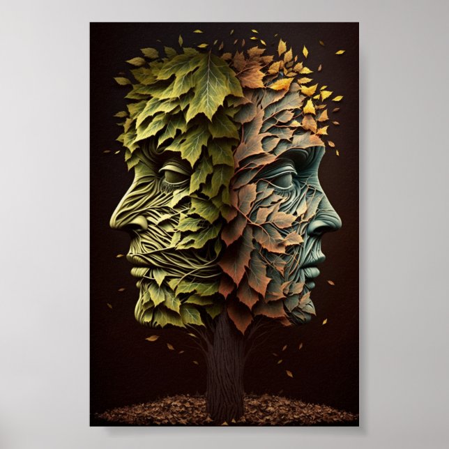 Optical Illusion Tree Faces With Leaves Blowing Poster (Front)