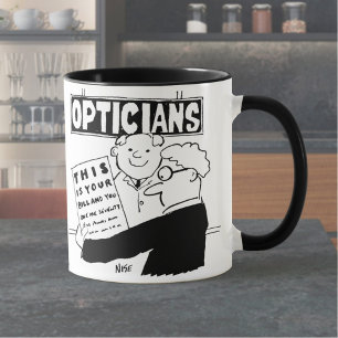 Optician Presents His Bill. Funny cartoon about Op Mug