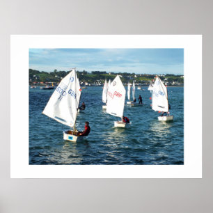 Optimist boats sailing to shore poster
