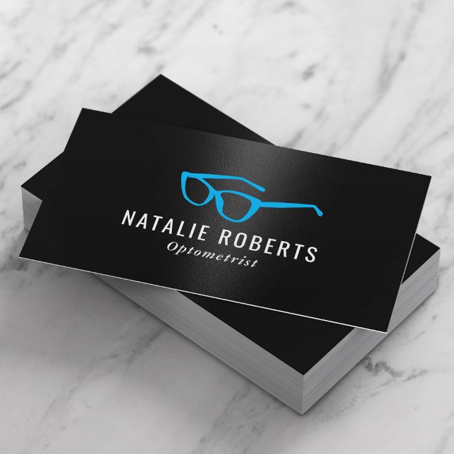 Optometrist Eye Doctor Blue Glasses Modern Black Business Card (Creator Uploaded)