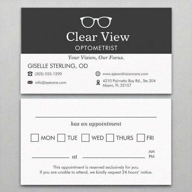 Optometrist Eye Glass Office Appointment Reminder  Business Card (Creator Uploaded)