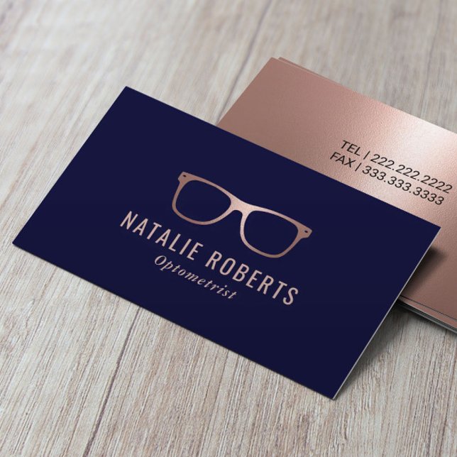 Optometrist Rose Gold Eyewear Eye Glasses Navy Business Card (Creator Uploaded)