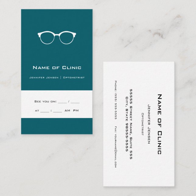 Optometry Optometrist Modern Teal Glasses Eye Exam Business Card (Front/Back)