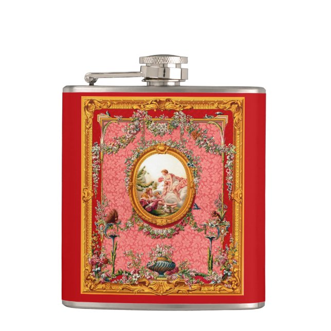opulent 18th century baroque print happy family hip flask (Front)