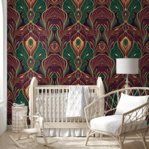 Opulent Art Deco Peacock Feather Wallpaper