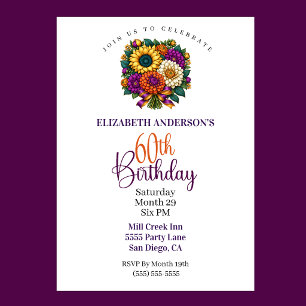 Opulent Autumn Flower Bouquet 60th Birthday Invitation