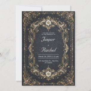 Opulent Black Gold Baroque White Floral Wedding Invitation