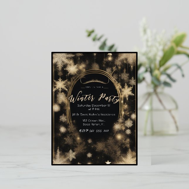 Opulent Black & Gold Foil Holiday Invitations (Standing Front)