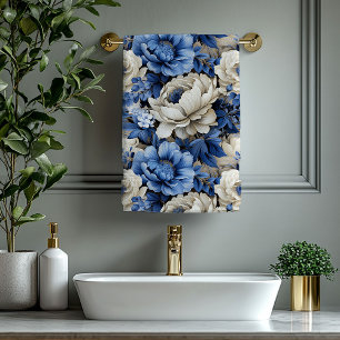 Opulent Blue and Ivory Flowers Bath Towel