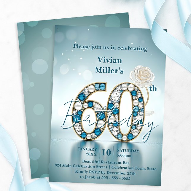 Opulent Blue and Pearl Jewels 60th Birthday Party Invitation (Creator Uploaded)