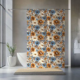 Opulent Blue Ivory Floral Boho Powder Blue Shower Curtain