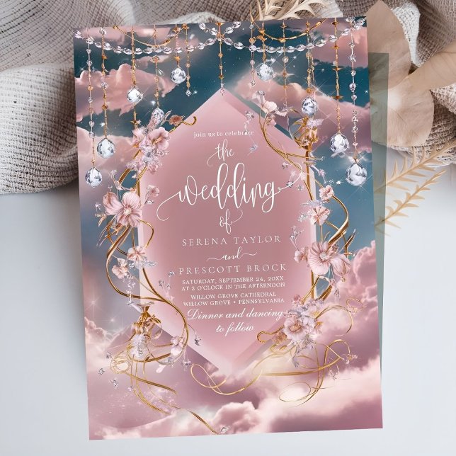Opulent Blue Pink Clouds Calligraphy Wedding Invitation (Creator Uploaded)