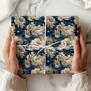 Opulent Blue White Ivory Floral Gift Wrapping  Paper