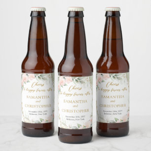 Opulent blush roses eucalyptus and gold wedding beer bottle label