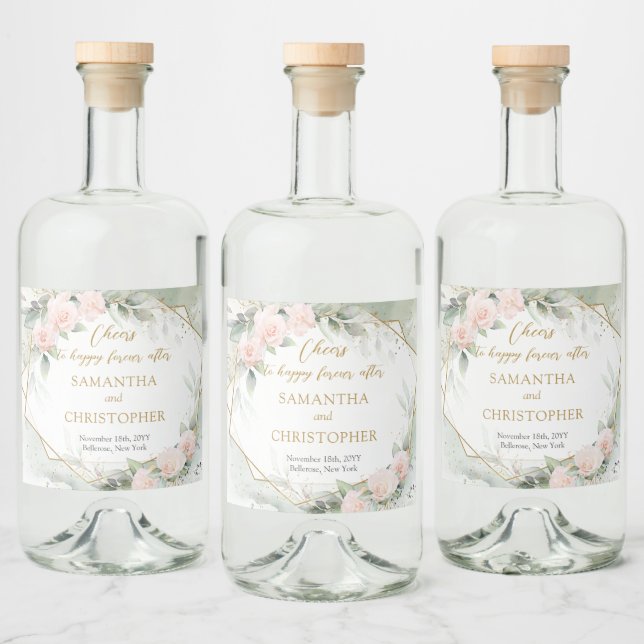 Opulent blush roses eucalyptus and gold wedding liquor bottle label (Bottles)