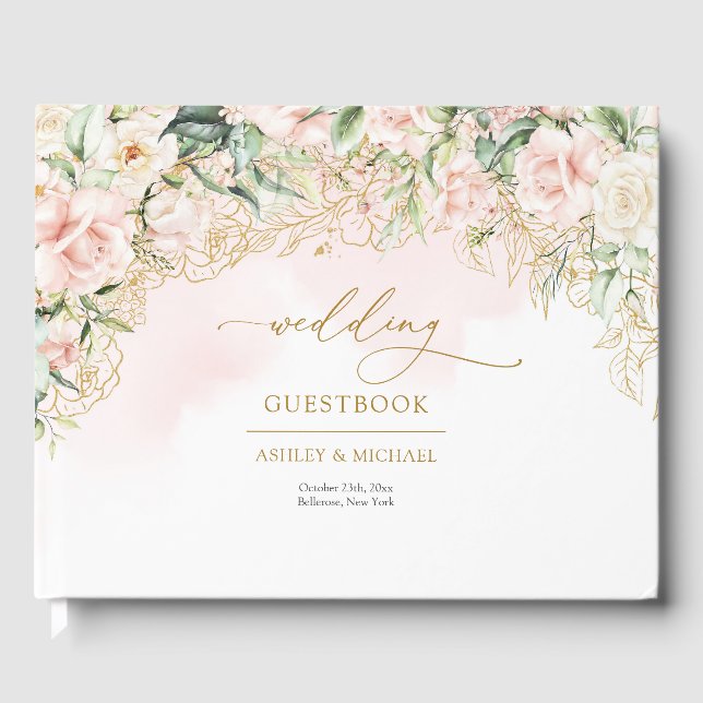 Opulent boho light pink roses gold wedding guest book (Front)