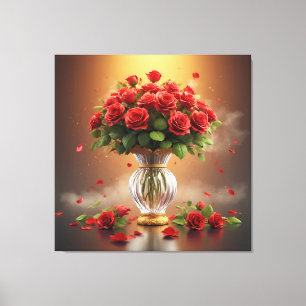 Opulent Bouquet Red Roses in Elegant Crystal Vase Canvas Print