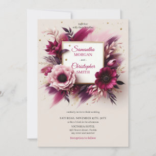 Opulent burgundy flowers and gold frame wedding invitation