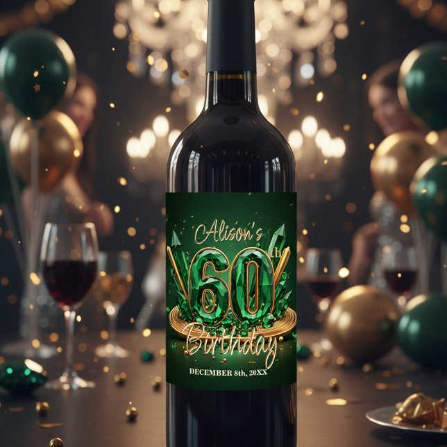 Opulent Chic Emerald Green and Gold 60th Birthday Wine Label (Creator Uploaded)