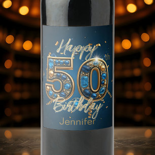 Opulent Chic Gold and Blue Gemstone 50th Birthday Wine Label