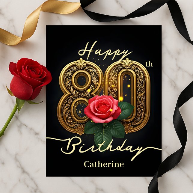 Opulent Chic Red Rose Gold Filigree 80th Birthday Postcard (Creator Uploaded)