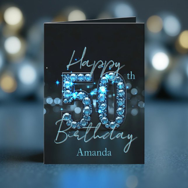 Opulent Chic Sapphire Blue and Black 50th Birthday Card (Creator Uploaded)