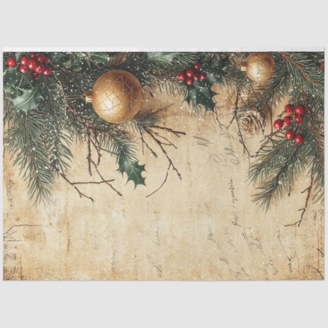 Opulent Christmas greenery and gold baubles Tissue Paper (Front)