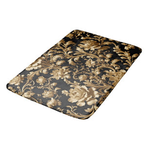 Opulent Comfort: Black and Gold Floral Bath Mat