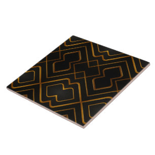 Opulent Deco Grid Full Liquid Gold Black Monochrom Tile