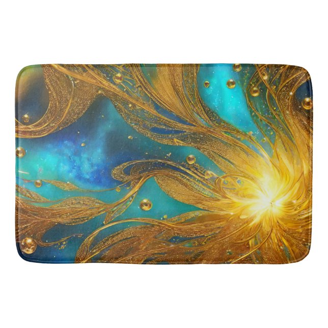 Opulent Elegant Blue Gold Burst Large Bath Mat (Front)