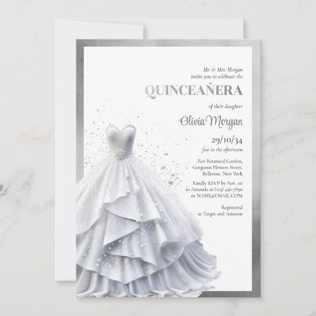 Opulent elegant silver dress glamour Quinceañera Invitation (Front)