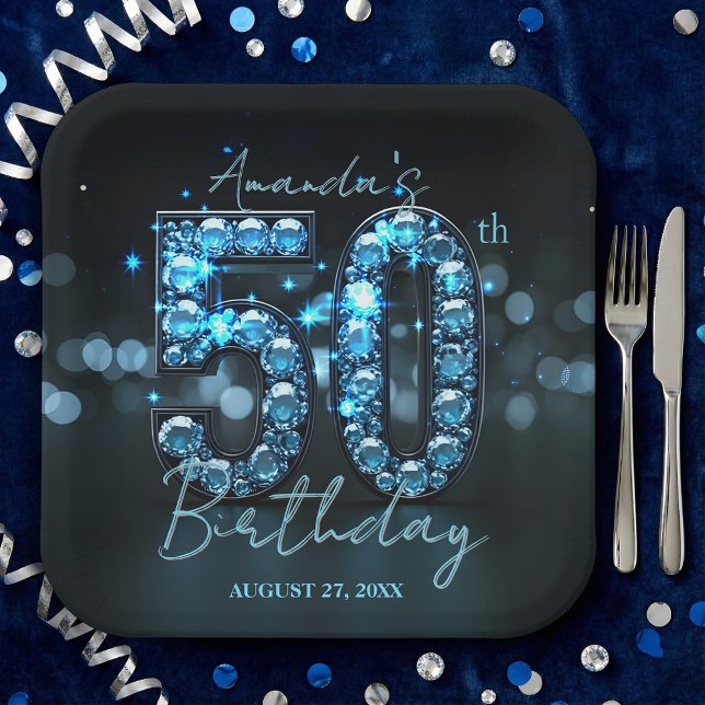 Opulent Elegant Teal Blue Diamonds 50th Birthday Paper Plate (Creator Uploaded)
