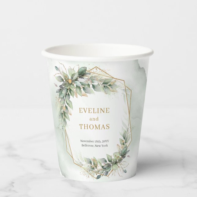 Opulent eucalyptus greenery and gold wedding paper cups (Front)