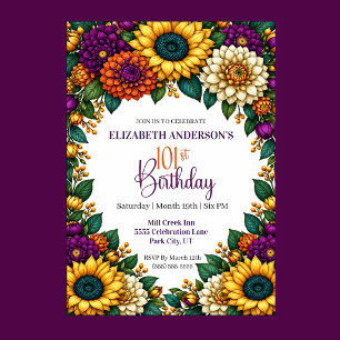 Opulent Fall Flower 101st Birthday Invitation