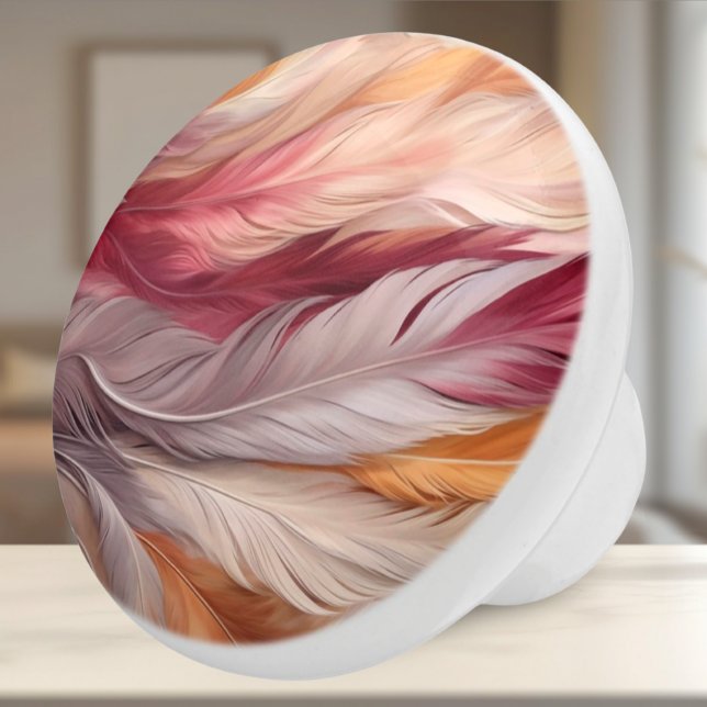 Opulent Feathers: Luxurious Beige, Taupe, Pinks Ceramic Knob (Ceramic Knob - Luxurious Feathers in Pinks and Gold - Decor Accent for Bedroom or Bathroom)