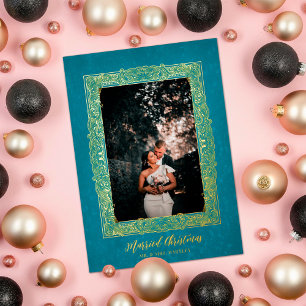 Opulent Frame Married Christmas Turquoise Photo Foil Holiday Card