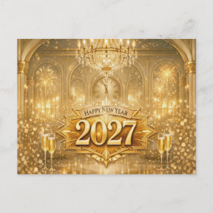 Opulent Gold Ballroom Happy New Year 2027 Holiday Postcard